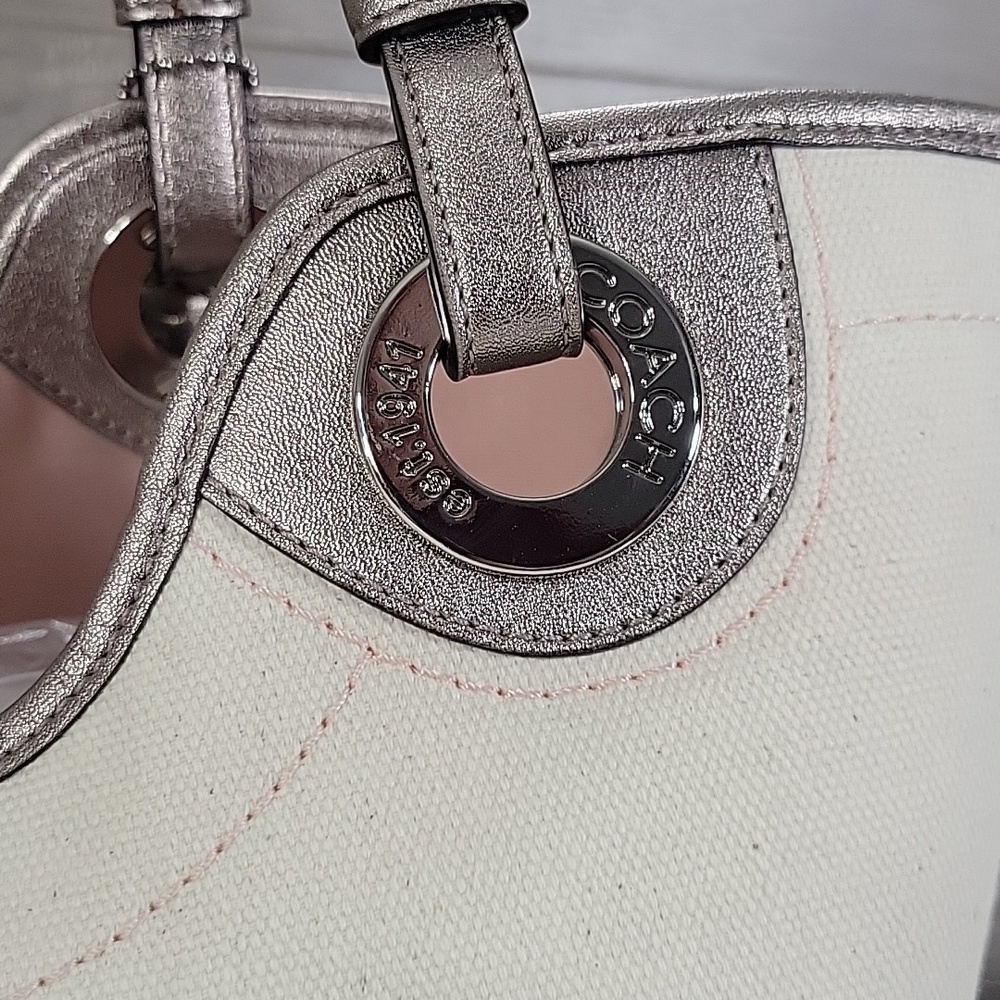 Coach Canvas Tote with Pink Stripe and Seashell Motif Tote Shoulder Bag F19273 - Picture 5 of 16